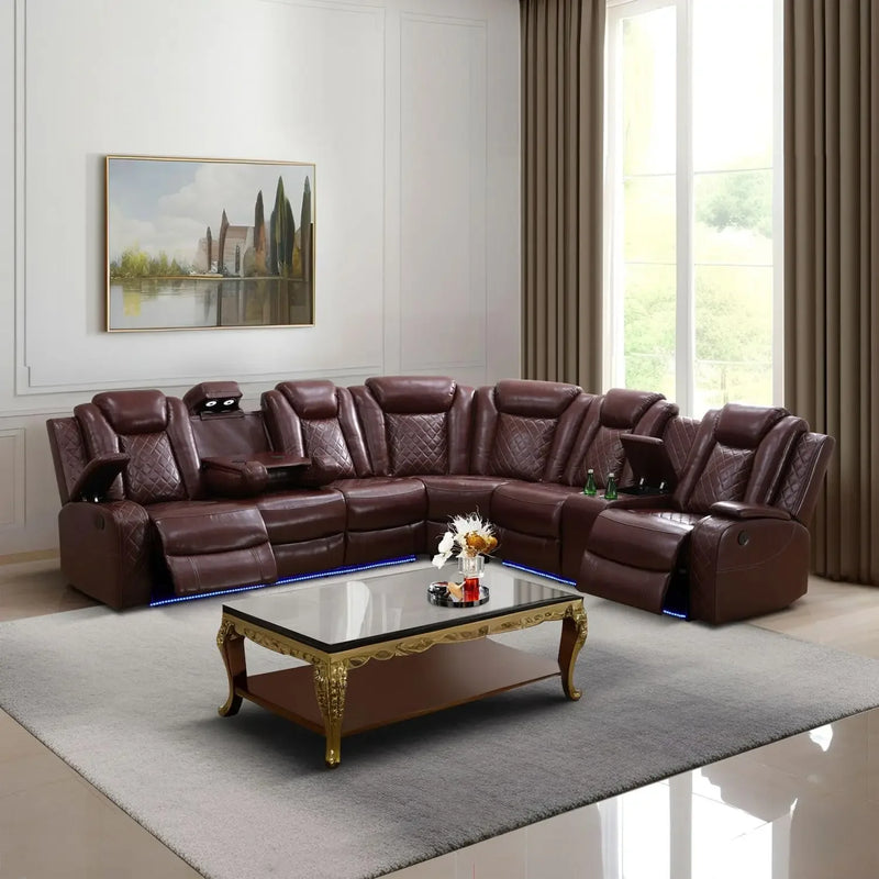 Sofa Living Room, Power Reclining Sectional Sofa USB Chargers And Storage Console, Leather Recliner Sofa For Living Room Set