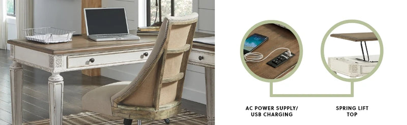 Signature Design by Ashley Realyn Farmhouse 60" Home Office Desk with USB Charging, Chipped White