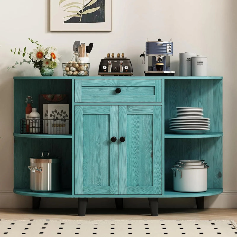 Sideboard Buffet Cabinet w/ Power Outlet,Freestanding Kitchen Cabinet with Storage,Accent Coffee Bar with Doors,Vintage Blue