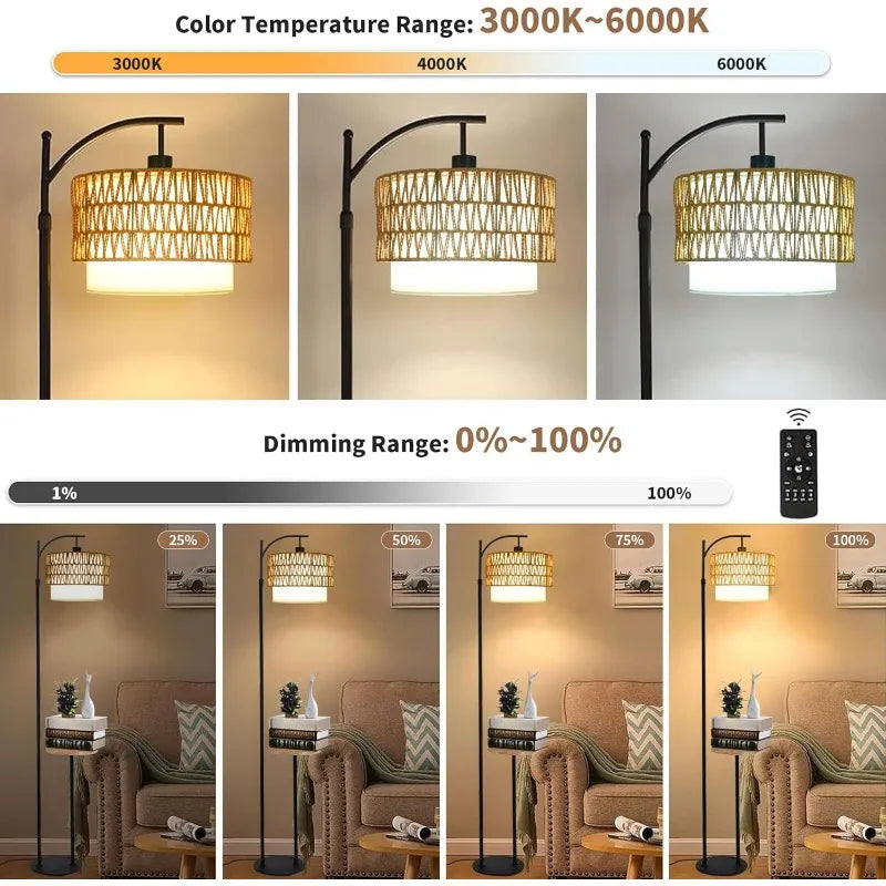Arc Floor Lamp for Living Room Rattan Boho Floor Lamp with Remote Control,Dimmable LED Floor Lamp Wicker Shades