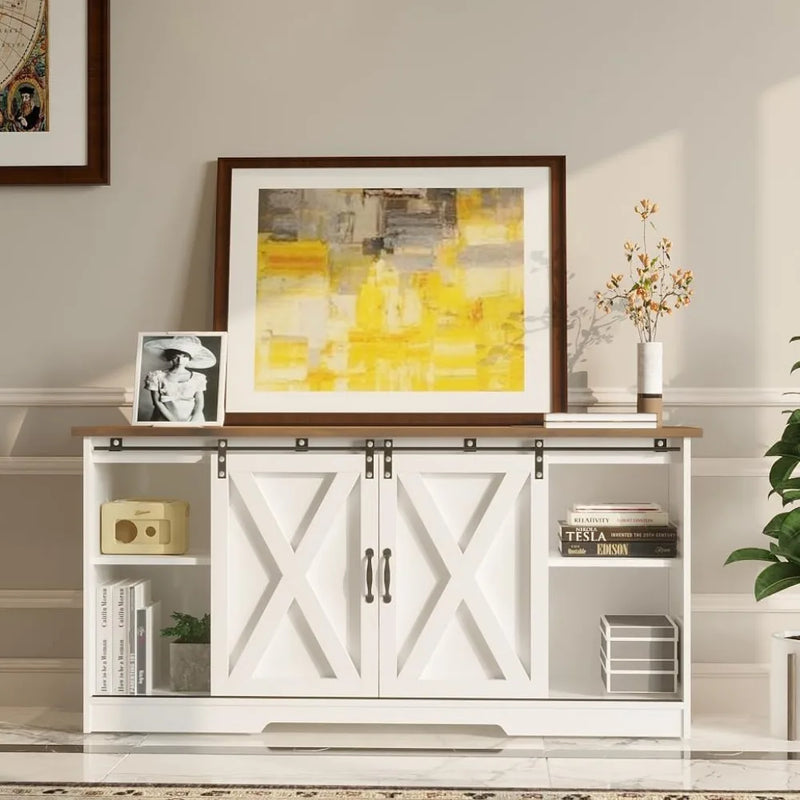 Farmhouse Coffee Bar Cabinet, 59" Buffet Cabinet with Storage & Sliding Barn Doors, Kitchen Storage Cabinet, Coffe