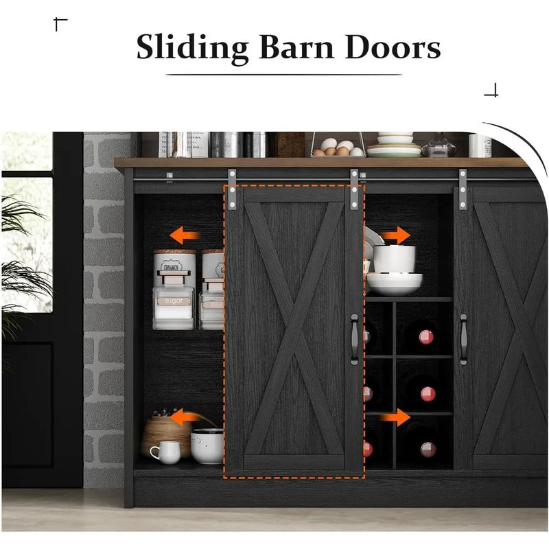 Farmhosue Coffee Bar Cabinet with Open Shelf, 67" Black Coffee Bar with Hutch & Wine Rack, Arched Cabinet with Storage