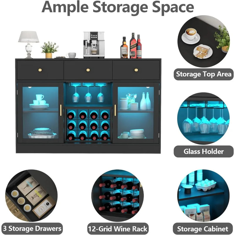 Wine Bar Cabinet with LED Light, Home Coffee Cabinet with Wine and Glass Rack, Kitchen Buffet Sideboard with Storage Drawers & A