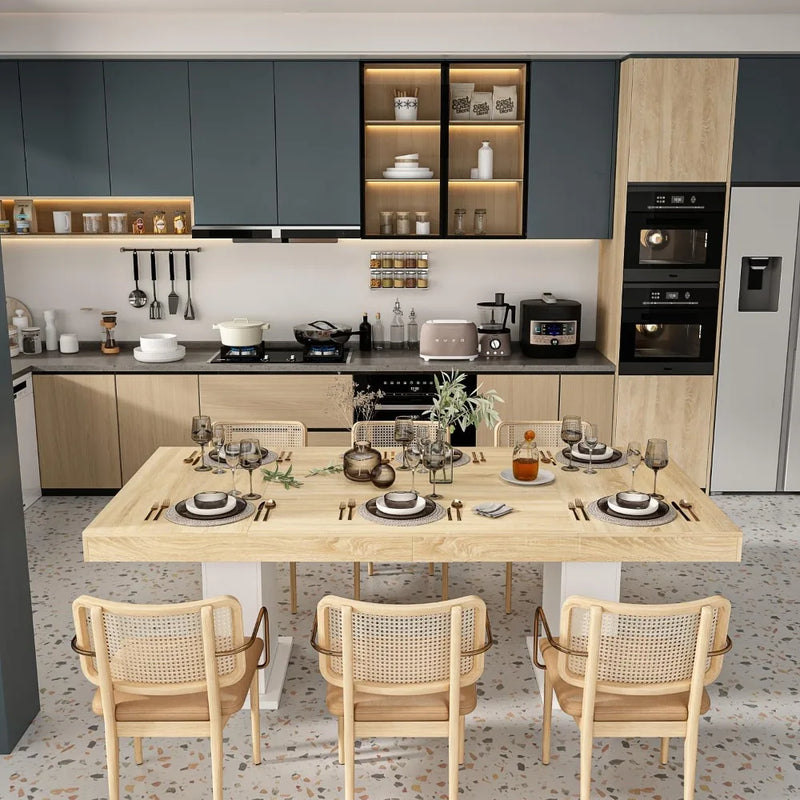 Large 78.7" L Dining Table for 8-10 People, Modern Wood Rectangular Kitchen Tables with Pedestal Legs, Dining Tables