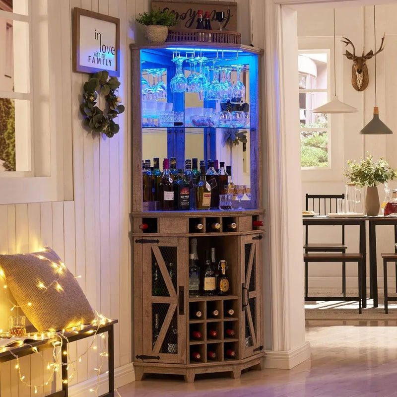 Corner Bar Storage Cabinet, 72" Tall Farmhouse Wine Cabinet w/Barn Door & Adjustable Shelf, Home Bar w/LED Light & Glass Rack f