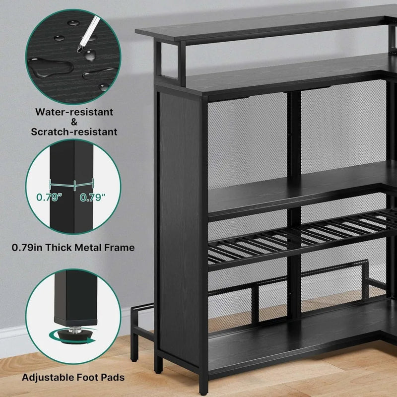 L Shaped Mini Home Bar Unit for Living Room with Music Sensing LED Light, Tall Bars Furniture Table with Wine Rack Alcohol Stor