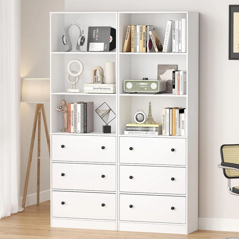 71" Tall Bookshelves Set of 2,White Bookshelf with 3 Drawers and 3-Tier Open Shelves,Home Decor Furniture for Living Room
