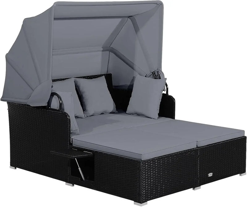 Patio Rattan Daybed with Retractable Canopy, Patiojoy Wicker Sun Lounger with 2 Foldable Side Panels, Thick Seat & Back Cushions