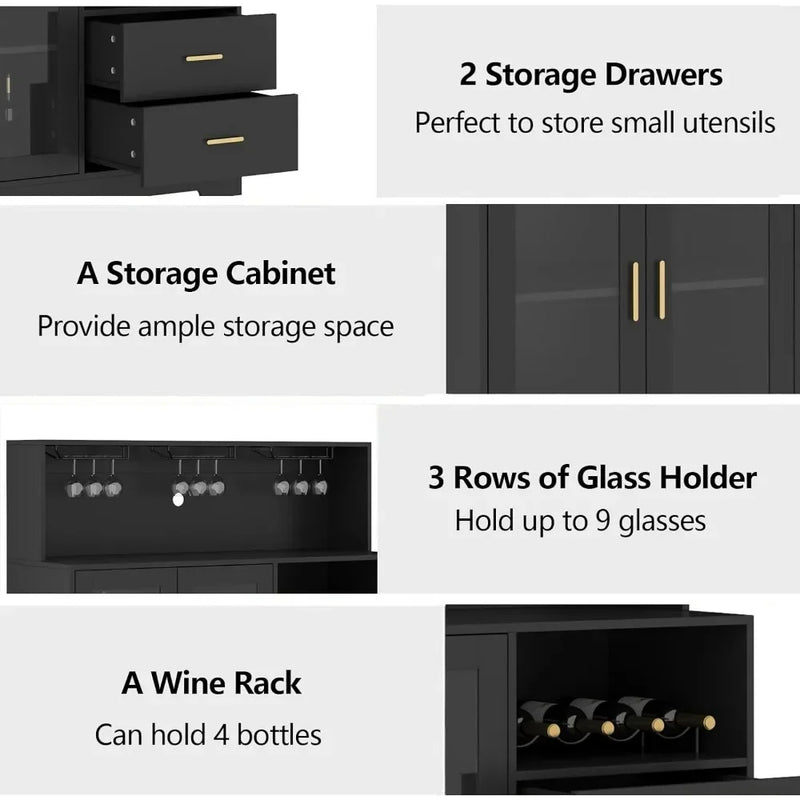 Bar Cabinet with LED Lights, Home Coffee Cabinet with Wine and Glass Rack, Kitchen Buffet Cabinet
