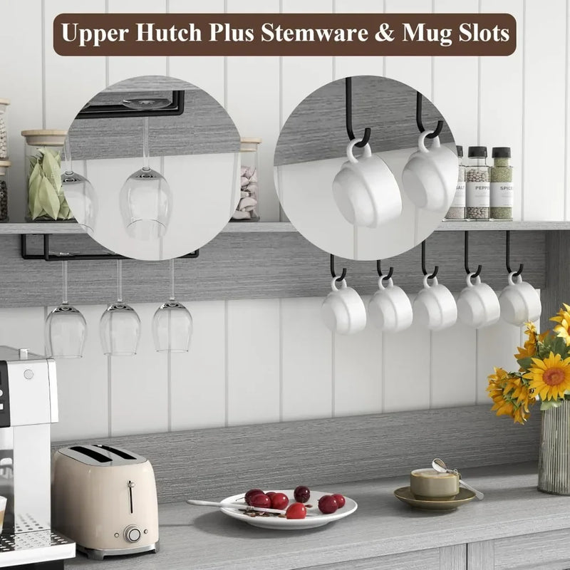 Farmhouse Bar Cabinet with Hutch, Kitchen Buffet Cabinet with Storage Cabinet & 3 Sliding Drawers, Adjustable Shelf