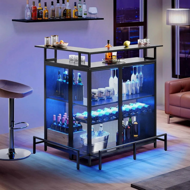 L Shaped Mini Home Bar Unit for Living Room with Music Sensing LED Light, Tall Bars Furniture Table with Wine Rack Alcohol Stor