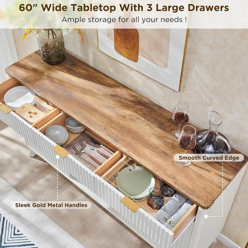 Fluted Wine Bar Cabinet for Liquor, 60" Modern Coffee Bar Cabinet w/Wine & Glass Rack, Large Buffet Sideboard w/ 3 Storage D