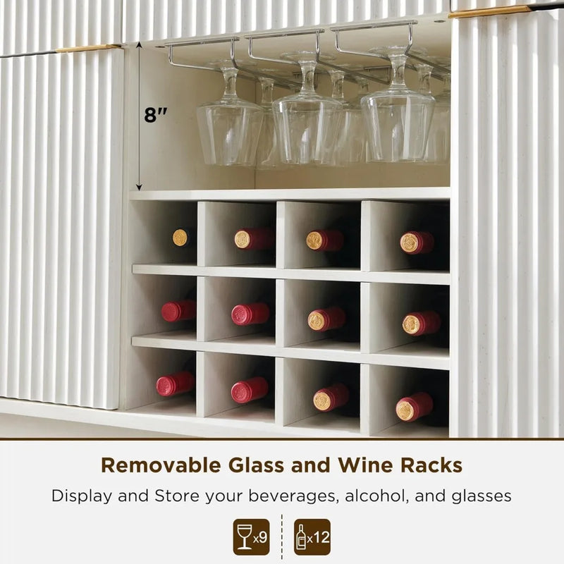 Fluted Wine Bar Cabinet for Liquor, 60" Modern Coffee Bar Cabinet w/Wine & Glass Rack, Large Buffet Sideboard w/ 3 Storage D