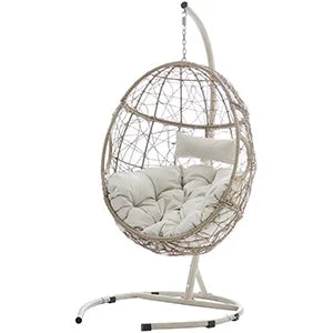 Furniture Indoor Outdoor Hanging Egg Chair with Stand for Patio, Porch, Deck, Light Brown with Sand Cushions
