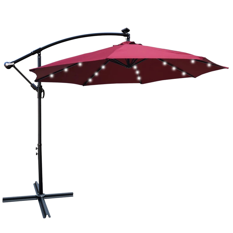 10 ft Outdoor Patio Umbrella Solar Powered LED Lighted Sun Shade Market Waterproof 8 Ribs Umbrella with Crank and Cross Base for