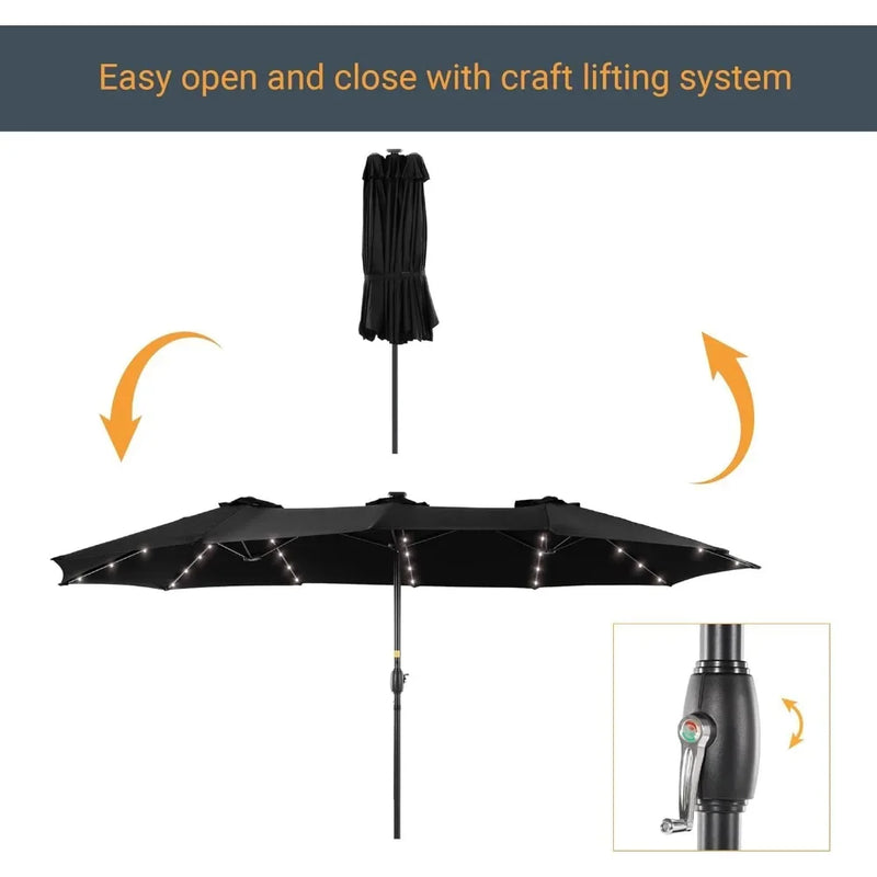 Patio Umbrella 15x9FT LED Double-sided with UPF50+ and Wind-Resistant Design, (No Base), Effortless Operation Outdoor Umbrella