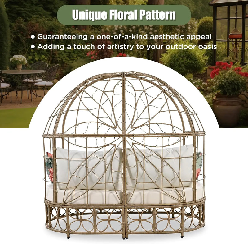 Outdoor Patio Daybed with Colorful Pillows, PE Wicker Sunbed with Curtain, 59.8" Double Patio Sofa for Poolside Garden Backyard