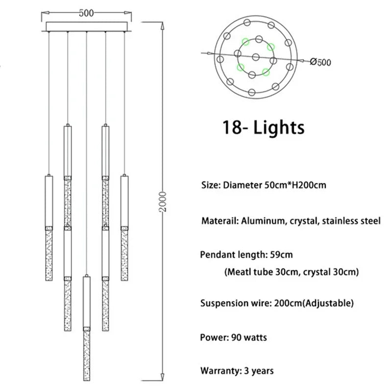 Nordic Minimalist Indoor Pendant Light Fixture Modern Ceiling Crystal Led Chandelier Long Hanging Lamp for Staircase Living Room