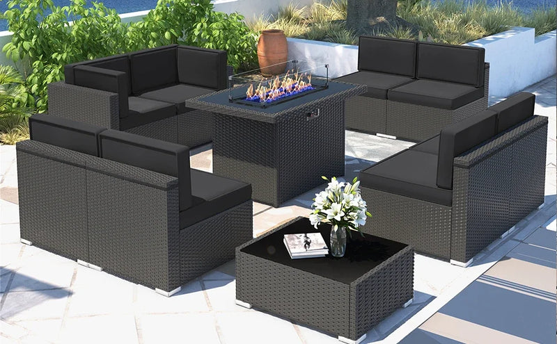Outdoor Sectional Wicker Conversation Sofa Sets with Coffee Table