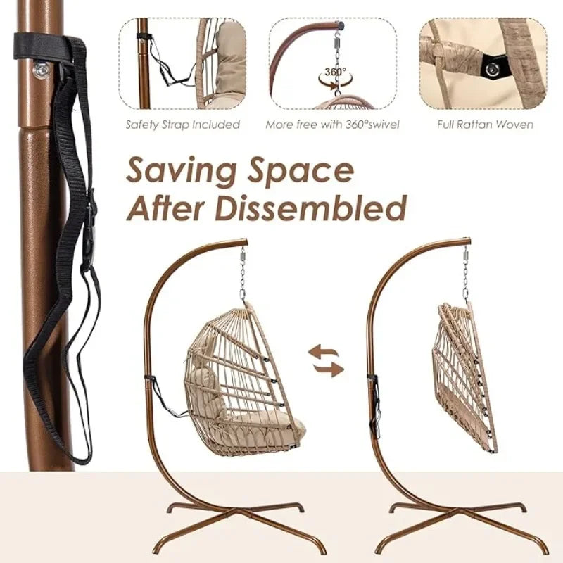HOME.Hanging Egg Chair with Stand Outdoor Swinging Egg Chair with Water Resistant Cushions PE Rattan Wicker Chair Foldable Baske
