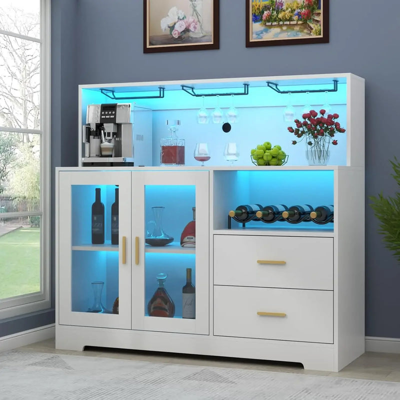 Bar Cabinet with LED Lights, Home Coffee Cabinet with Wine and Glass Rack, Kitchen Buffet Cabinet