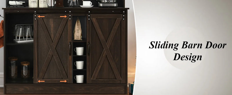 Farmhouse Coffee Bar Cabinet with 6 Hooks, 47 Inch Coffee Bar Hutch with 9 Wine Racks, Coffee Bar Table with Sliding Barn Door