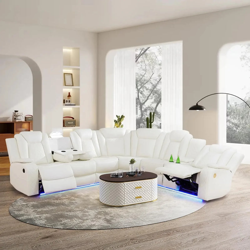 Sofa Living Room, Power Reclining Sectional Sofa USB Chargers And Storage Console, Leather Recliner Sofa For Living Room Set