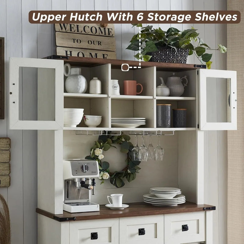 72" Farmhosue Bar Cabinet with Sliding Barn Door, Large Kitchen Buffet with Hutch w/Wine & Glasses Rack, 3 Drawers, 12 Stora