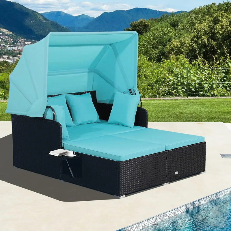 Patio Rattan Daybed with Retractable Canopy, Patiojoy Wicker Sun Lounger with 2 Foldable Side Panels, Thick Seat & Back Cushions
