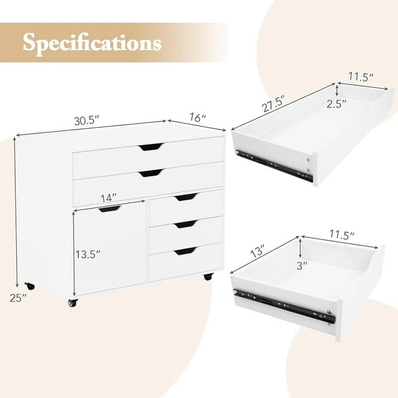 File Cabinet, Rolling Lateral Filing Cabinet with 2 Large Drawers, 3 Small Drawers, Side Cabinet, Wheels, Load 220 Lbs, Office