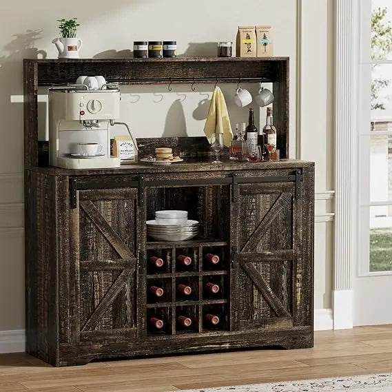 Coffee Bar Cabinet, 47" Farmhouse Kitchen Wine Bar with 6 Hooks, Sliding Barn Door and Adjustable Shelves, Liquor Bar Cabinet w
