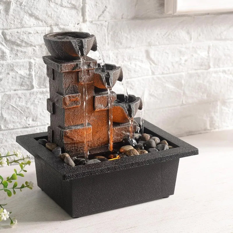 Home Décor Imitation 3-Tier Stone Wall Tabletop Fountain Many Natural River Rock Office Relaxing Desktop Zen Waterfall