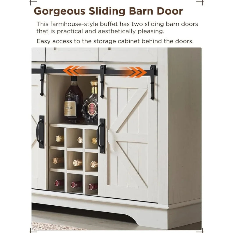 72" Farmhosue Bar Cabinet with Sliding Barn Door, Large Kitchen Buffet with Hutch w/Wine & Glasses Rack, 3 Drawers, 12 Stora
