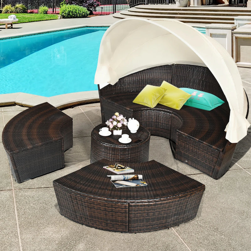 Patio Rattan Daybed Cushioned Sofa Adjustable Table Top Canopy 3 Pillows