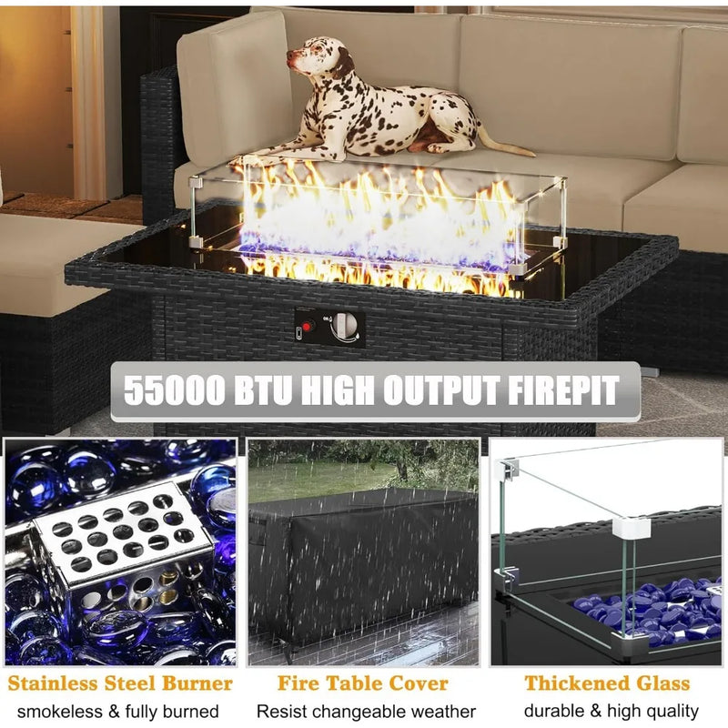 15 Piece Patio Furniture Set with Fire Pit Table, Outdoor Conversation Sets Wicker Rattan Sectional Sofa with Coffee Table