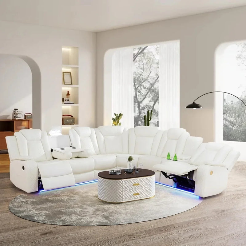 Sofa Living Room, Power Reclining Sectional Sofa USB Chargers And Storage Console, Leather Recliner Sofa For Living Room Set