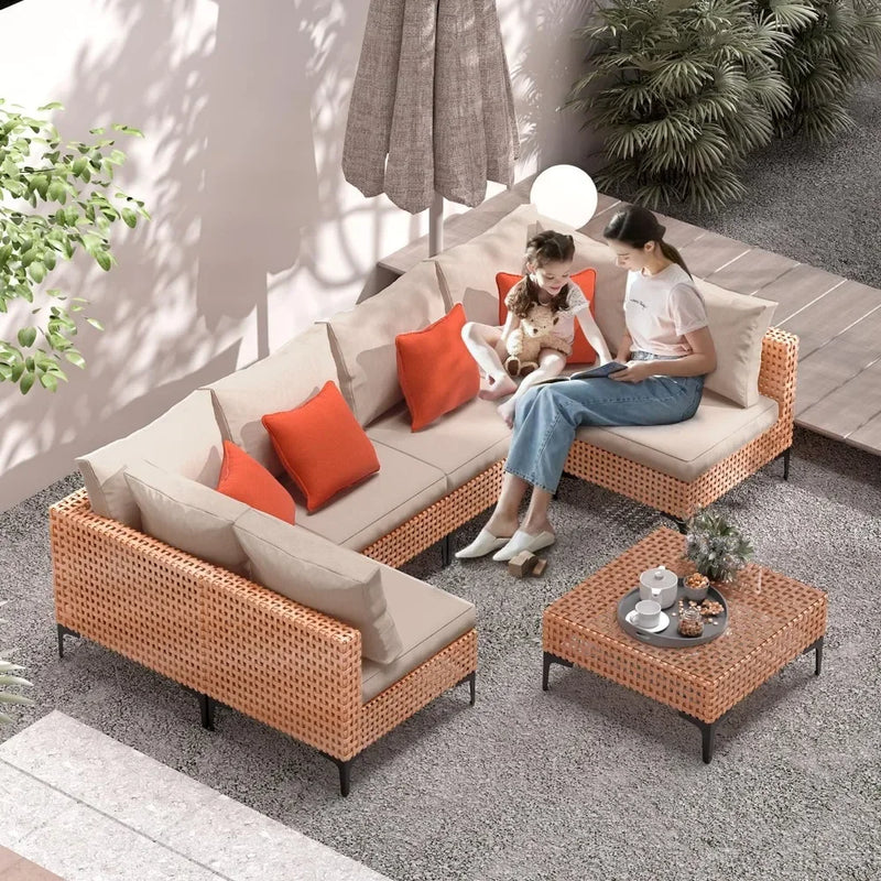 5 Piece Outdoor Patio Furniture Set Modular Outdoor Furniture Set Wicker Outdoor Sectional Sofa with Cushions and Table Patio