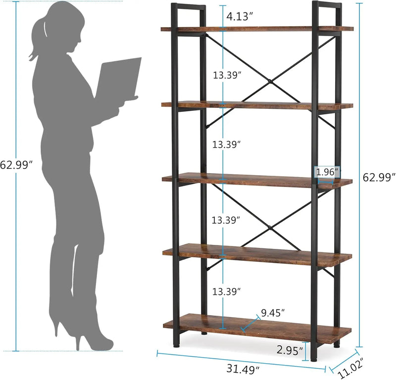 5 Tier Bookshelf, Industrial Etagere Bookcase With Metal Frame, Rustic Tall Book Shelf Unit For Living Room, Study, Home Office