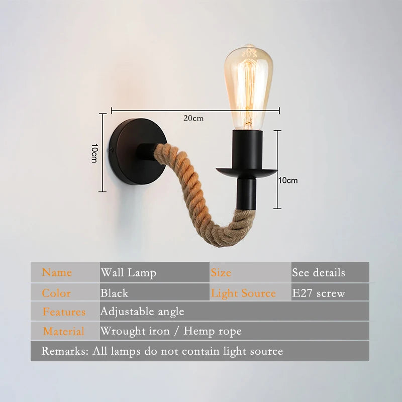 Retro Hemp Rope Wall Lamps E27 Iron Indoor Lamp Holder For Aisle Entrance Corridor Bedside Light AC90-265V Decoration Fixture