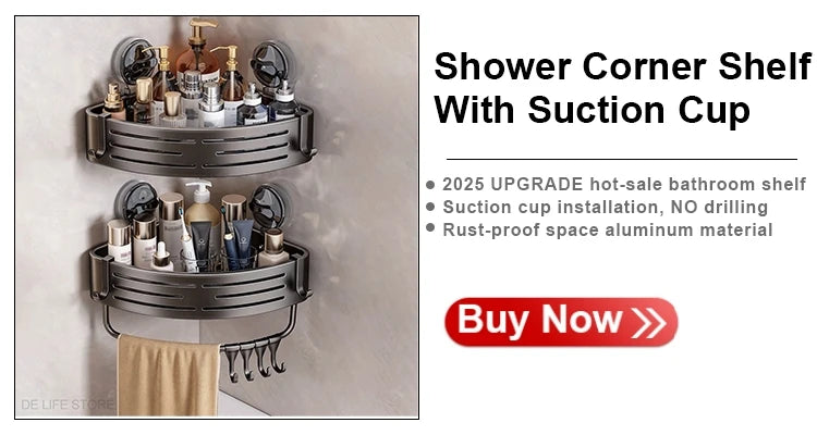 1-2PCS Bathroom Corner Shelf with Plastic Hook Towel Bar No Drill Space Aluminum Shower Storage Rack Bathroom Organizer