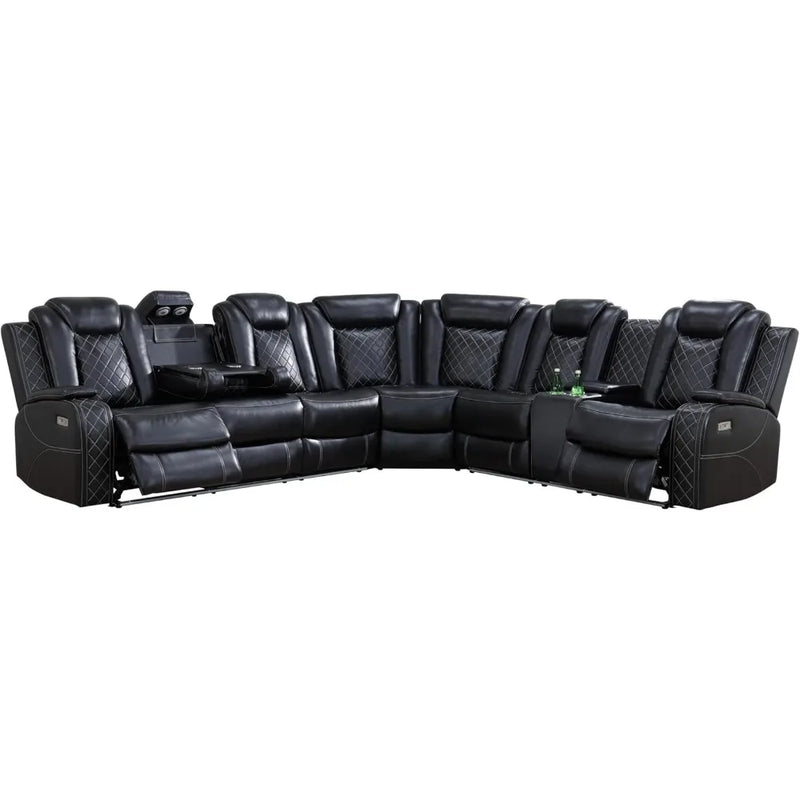 Air Leather Power Recliner Sectional with LED Lights,Reader Lights, Storage Consoles,Cup Holders USB Charging Port Sectional Set