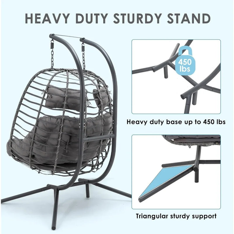 Double Egg Chair Swing with Stand, Oversized Hand-Woven Wicker Rattan 2-Person Egg Chairs for Outdoor Indoor, Hanging Egg Chair