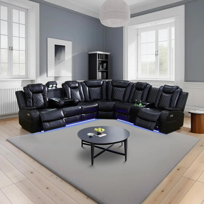 Air Leather Power Recliner Sectional with LED Lights,Reader Lights, Storage Consoles,Cup Holders USB Charging Port Sectional Set