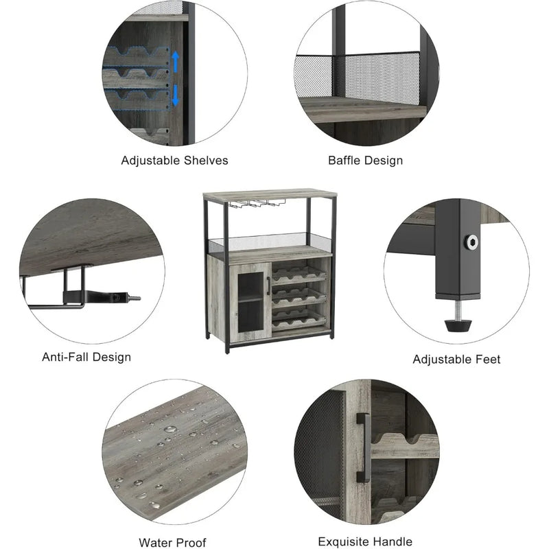 Wine Bar Rack Cabinet with Detachable Wine Rack, Bar Cabinet with Glass Holder, Small Sideboard and Buffet Cabinet with Mesh Doo