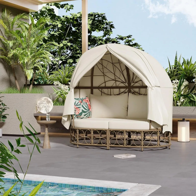 Wicker Patio Daybed with Curtain, Outdoor Sunbed with Colorful Pillows for Patio, Backyard, Poolside, Floral Pattern