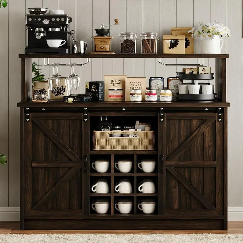 Bar Cabinet, 47” Buffet Sideboard with 4 Glass Hooks & 9 Wine Racks, Coffee Bar Cabinet with Sliding Barn Door Bar Cabinet