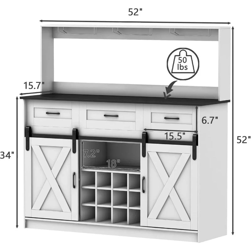 52" Farmhouse Coffee Bar Cabinet with Storage, Wine Bar Cabinet with 9 Glass Holders and 12 Grid Wine Racks, Wood Buffet Cabinet