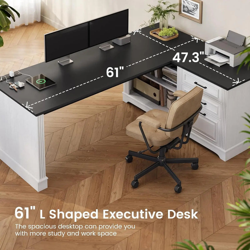 Computer Desk, Farmhouse 61" Executive L Shaped Desk, Home Office Desk with File Drawers, Computer Desk with Power