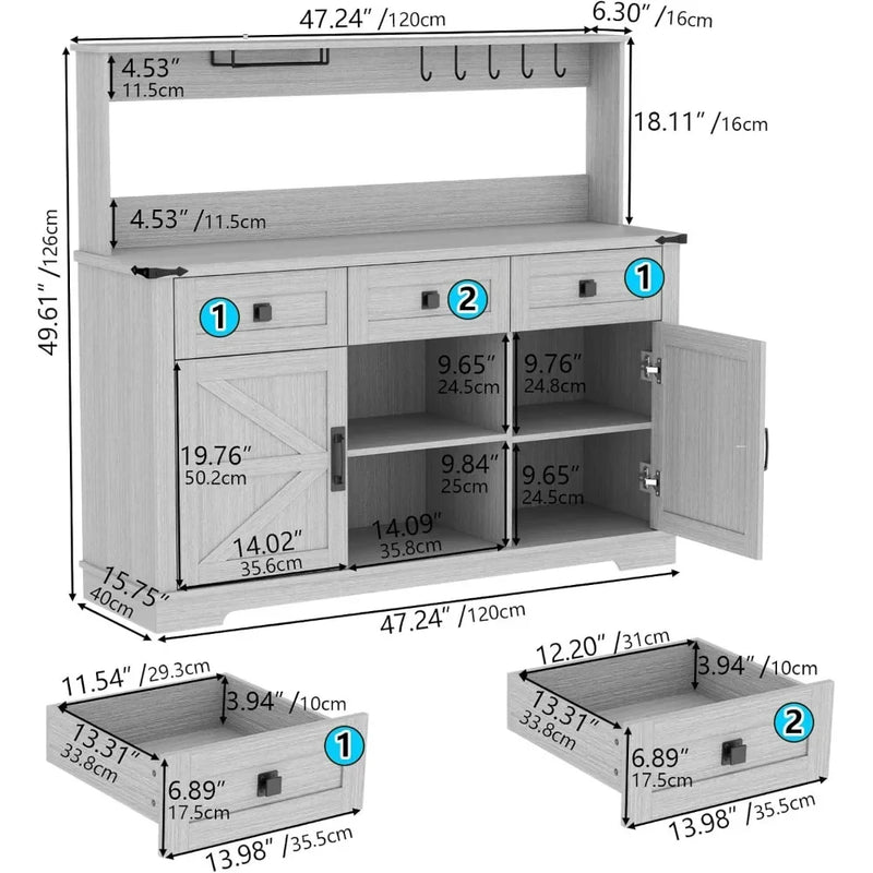 Farmhouse Bar Cabinet with Hutch, Kitchen Buffet Cabinet with Storage Cabinet & 3 Sliding Drawers, Adjustable Shelf