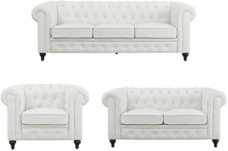 Chesterfield 3 Piece Living Room Sectional Sofa Set with Rolled Arms, Tufted Cushion Sofas for Living Room Set Includes Sofa